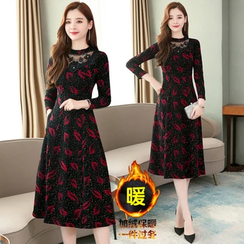 

Autumn Winter Plush Thicken Print Women's Dress Lace Office Ladies Dresses Vestidos Elegantes Dresses For Women Plus Size 3xl