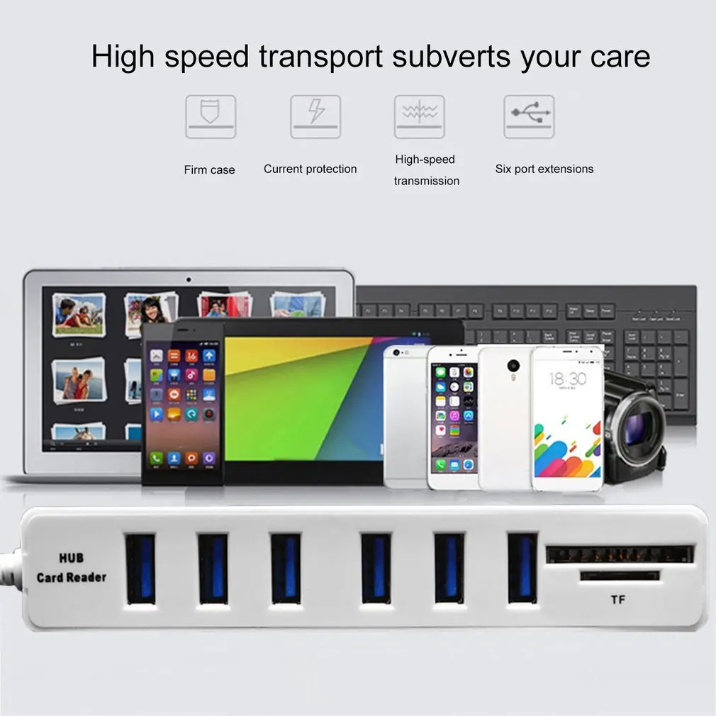 USB 2.0 Hub 6 Ports High Speed 480 Mbps TF/SD Card Reader USB Splitter For PC Laptop Computer Peripherals Accessories USB 2.0 Hub 6 Ports High Speed 480 Mbps TF/SD Card Reader USB Splitter For PC Laptop Computer Peripherals Accessories