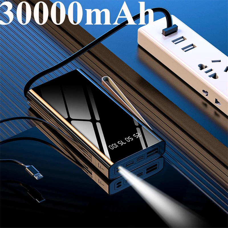 Power Bank 30000mAh Built in Cables Poverbank Portable External Battery Charger Powerbank 30000 mAh for Xiaomi Mi iPhone Samsung usb c power bank