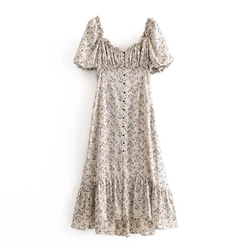 

2020 Spring Women's New Wide V-neck Puff Short Sleeve Pleated Laminated Midi Dress Silk Satin Texture Front Split Print DreSS