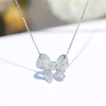 

New Arrival Unique Luxury Jewelry 925 Sterling Silver Pave White Sapphire CZ Diamond Popular Bow Pendant Clavicle Necklace Gift