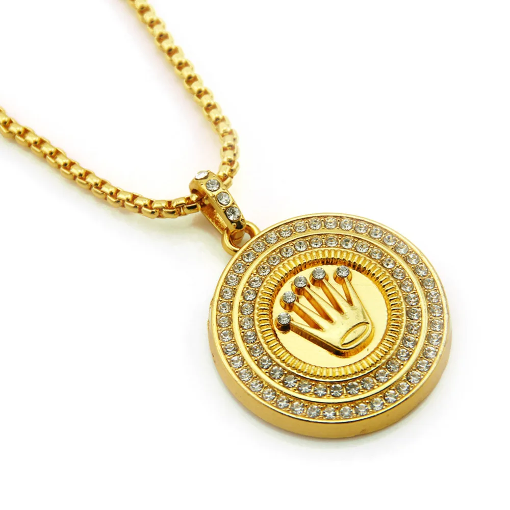 Ожерелье с кулоном в стиле хип-хоп King Crown для мужчин и женщин, двойной круг, кристалл, золотой цвет, длинная цепочка, колье, ожерелье, ювелирные изделия