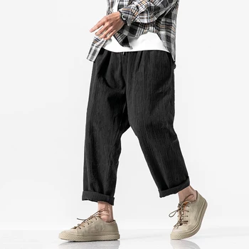 

Male Japan Streetwear Fashion High Street Hip Hop Harem Trousers Men Cotton Linen Loose Casual Ankle-length Wide Leg Pant