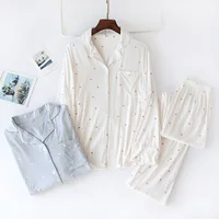 Pajamas Women Long-sleeved Trousers Blue White Love Home clothes Two-Piece Suit Female 2021 New Spring /Autumn