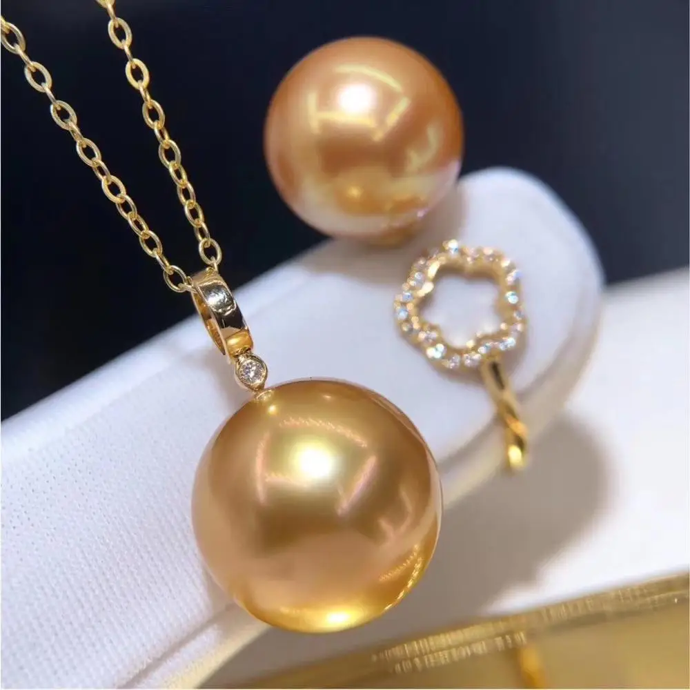 

D917 Pearl Set Fine Jewelry Solid 18K Gold Round 10-12mm Nature Salt Sea Water Golden Pearls Jewelry Sets for Women Presents