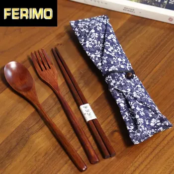 

3pcs Set Portable Wire Wrapped Wooden Chopsticks Spoon Fork Tableware New Gift Blue Bag Japanese Vintage Tableware