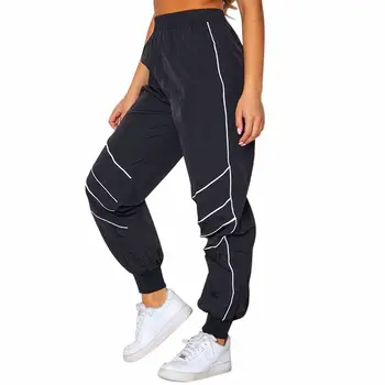 

2019 Autumn Winter Ins Street Fashion Casual Pants Reflective Strip High Waist Beam Pants Women Black Color