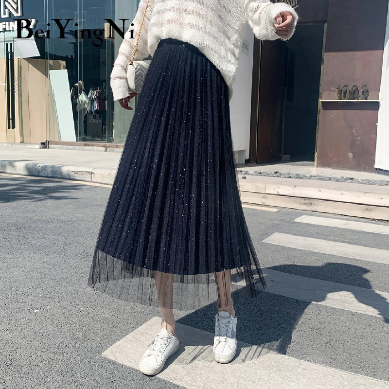 Beiyingni Женская юбка с высокой талией, сетчатая Тюлевая винтажная плиссированная повседневная черная юбка, женская уличная элегантная Ретро миди юбка, Saia Mujer