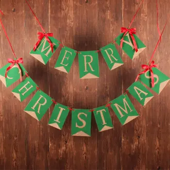 

Merry Christmas Banner Holiday Burlap Banner Garlands with Ribbon Bows for Xmas Party Decoration Photo Prop