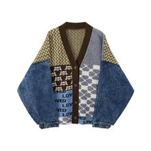 

Vintage Knitted Cardigan Sweater Women Loose Patchwork Denim Long Sleeve Knitwear Casual Buttons V Neck Women Sweaters Autumn