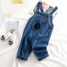 Рост 75-100 см; Новинка года; осенний джинсовый комбинезон с рисунком для маленьких мальчиков; Комбинезон для маленьких девочек; детские джинсы