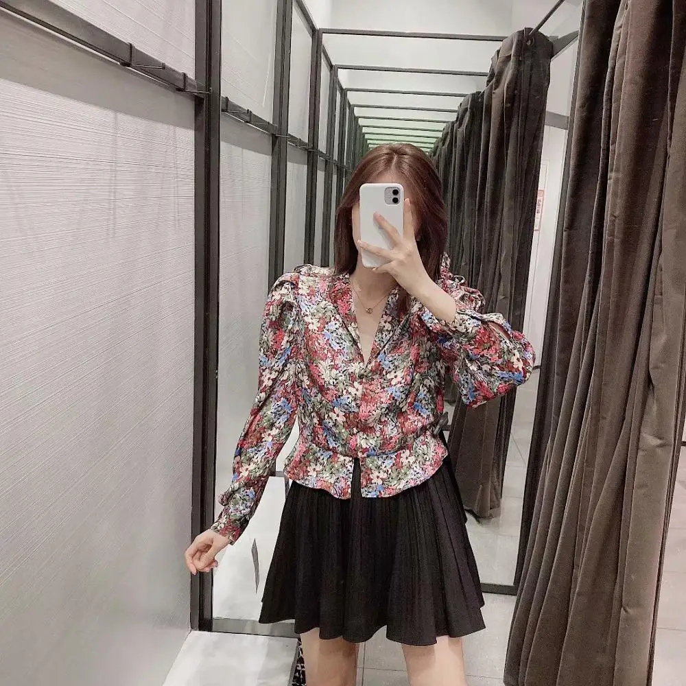  new women vintage puff sleeve flower printing casual Shirts blouses elegant ladies v neck roupas fe