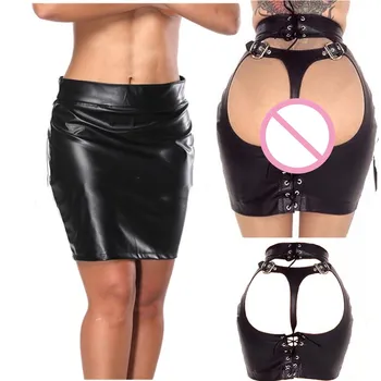 

Women Sexy Faux Leather Lace-Up Open Butt Hip Mini Skirt Sexy Buttock Exposing Bondage Erotic Skirt Tight Fit Fetish Clubwear
