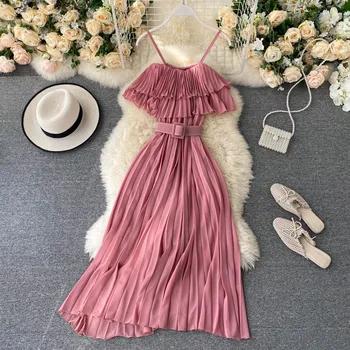

Korean Pleated Ruffle Women Dresses Slash Neck Sexy Strapless Vestidos Femme Summer Belt Slim Waist Dress A-Line Solid Ruffles