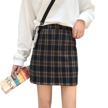

Skinny Autumn Skirts Girls Fashion Plaid Skirt Femme Single Breaste Faldas Female Casual Women Skirt