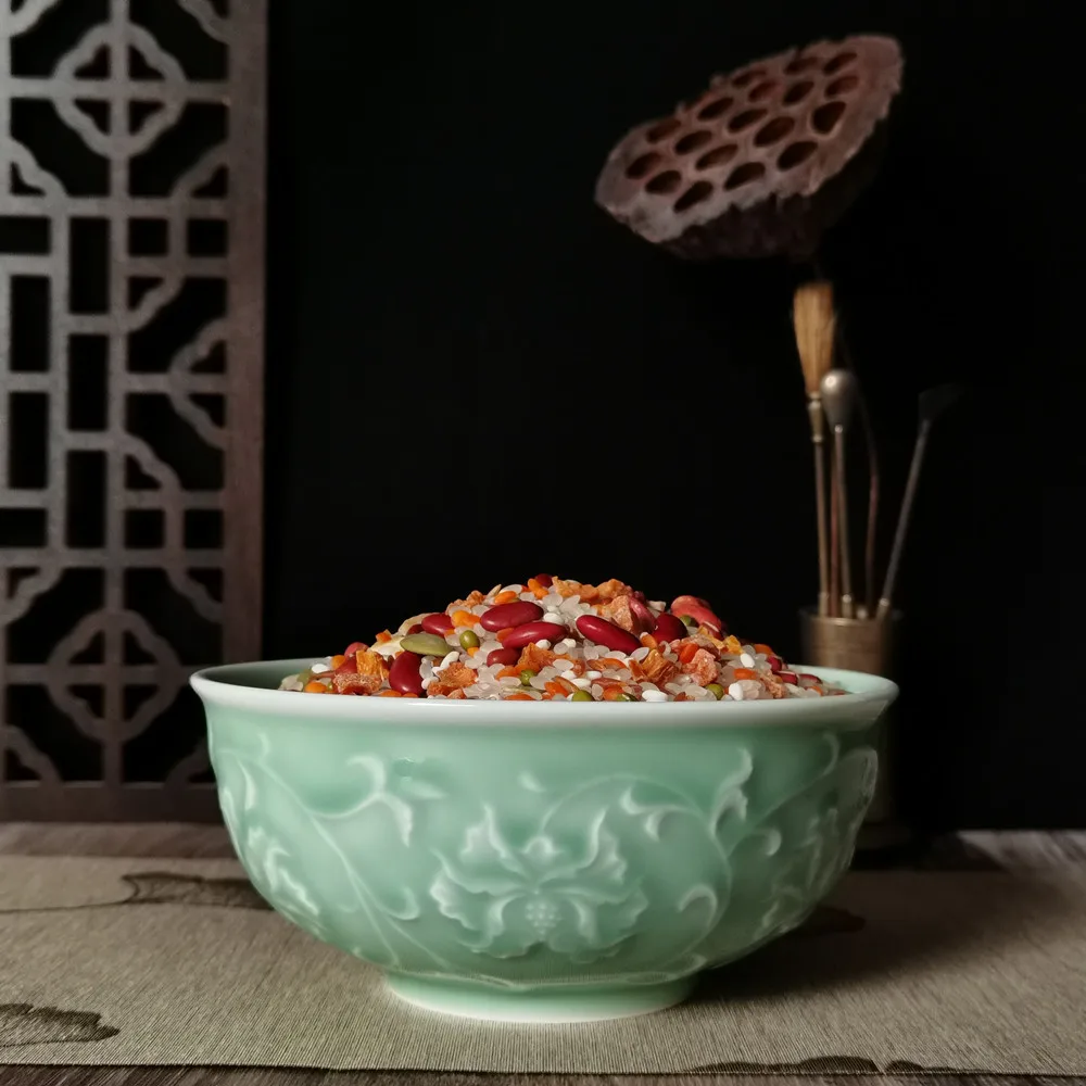 

Qing Yun Ge Chinese Cereal Bowl Porcelain Rice Bowl for Salad Tableware Engraved Begonia Decor Microwave and Dishwasher Safe