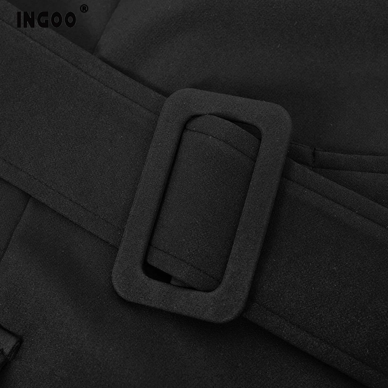 INGOO, сексуальные вечерние женские блейзеры с глубоким v-образным вырезом, Клубные, большие размеры, с длинным рукавом, с поясом, костюм с воротником, женские элегантные облегающие короткие платья