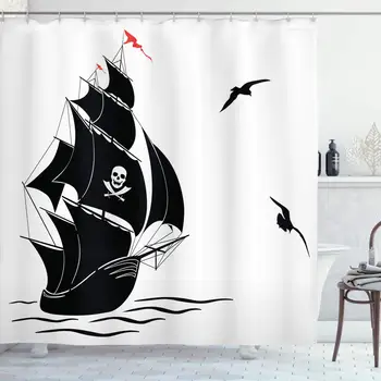 

Pirate Shower Curtain, Silhouette of Old Sail Pirate Ship Flying Seagulls Ocean Waves Jolly Roger, Fabric Bathroom Decor Set