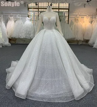 شراءSoAyle الكرة ثوب الزفاف طويلة الأكمام الفاخرة الراقية الثقيلة الخرز الكريستال فستان زفاف Vestido دي نوفيا