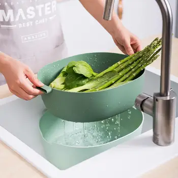 

Kitchen Thickening Kitchen Plastic Rice Friut Bowl Washing Sieve Basin Double Layer Separation of PP Drain Washing Basket