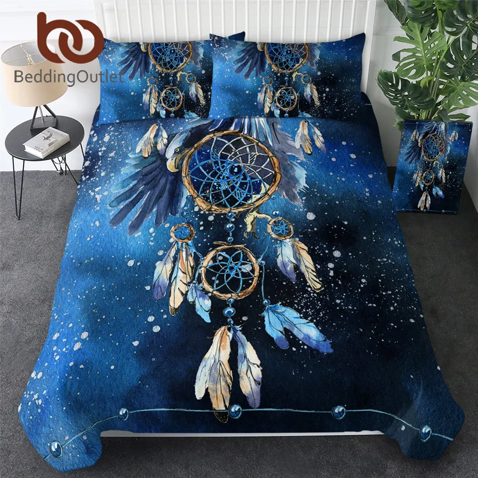 BeddingOutlet Dreamcatcher Bedding Set Queen Size Feather Blue Printed Duvet Cover Boho Bedclothes 3pcs Bald Eagle Home Textiles