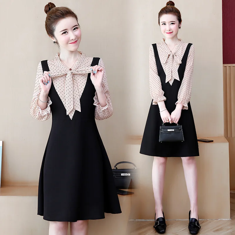 

2019 New Style Autumn Clothing Fat Mm Large Size Dress Fake Two-Piece Slimming Cover Meat Western Style over-the-Knee A- line Sk