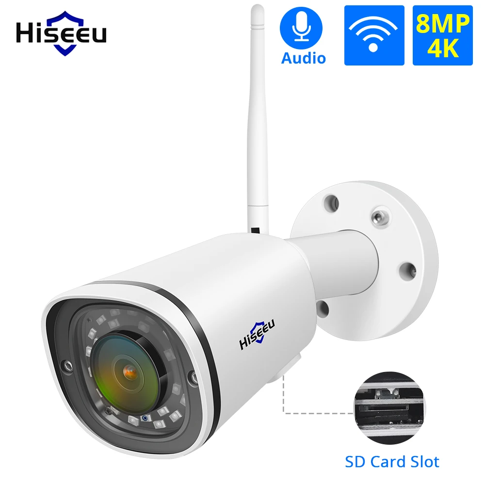 Hiseeu 4K Беспроводная ip-камера, wifi, слот для sd-карты, для улицы, водонепроницаемая, 8 Мп, сетевая, аудио, пуля, безопасная, CCTV камера Onvif