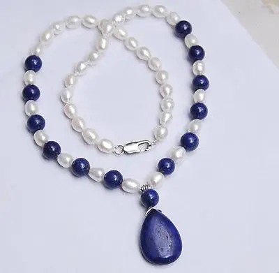 

Natural 7-8MM White Akoya Pearl / Lapis Lazuli Pendant Necklace 18"