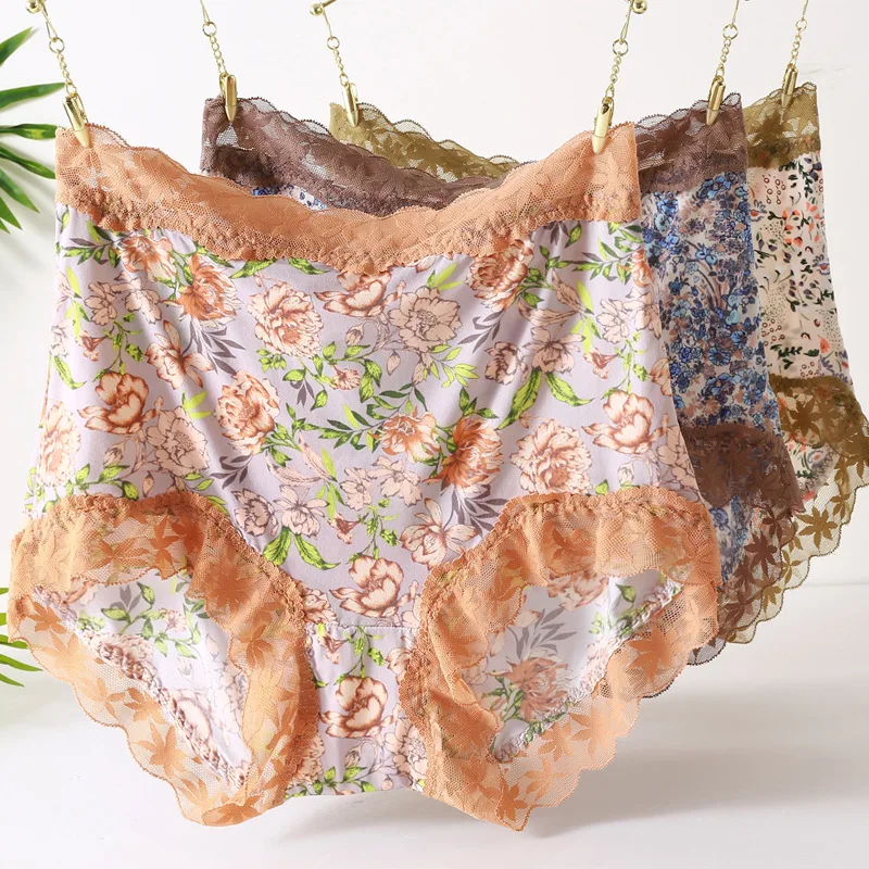 

Нижнее белье женское с цветочным принтом, пикантное нижнее белье с высокой талией, кружевные дышащие трусы с оборками, большие размеры, 97