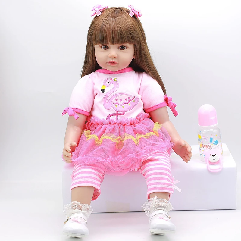 

60CM Reborn Baby Doll Toy Soft Silicone Cute Pink Dress Cloth Body Long Hair Realistic Newborn Baby Doll Toddler Kids Gifts