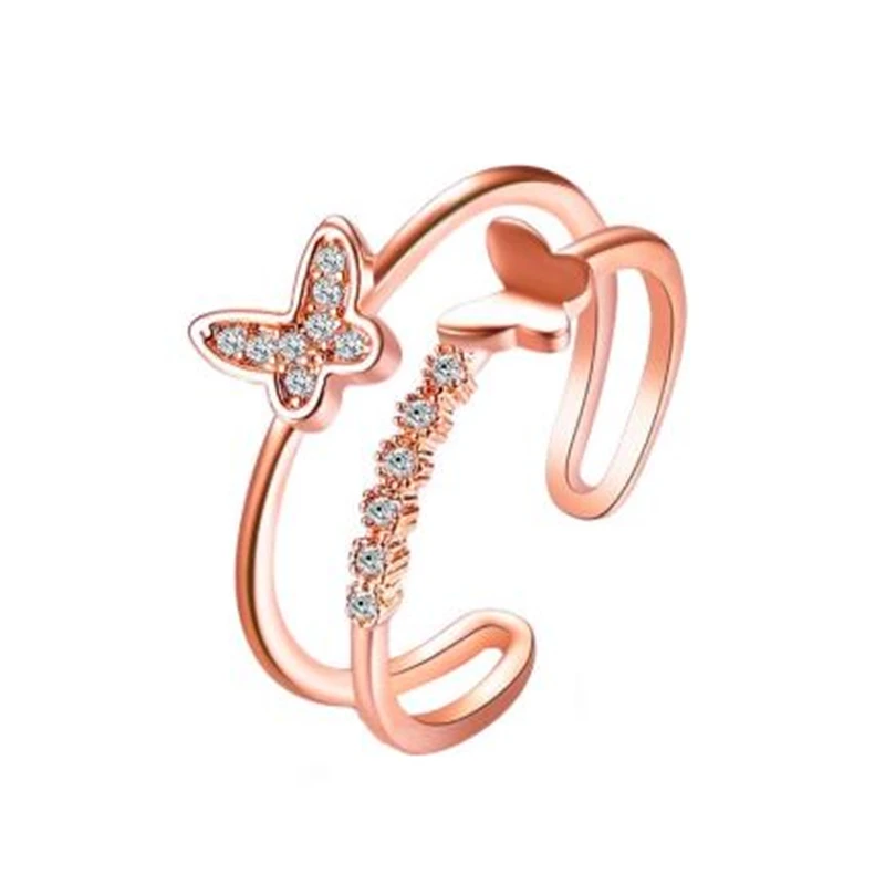 

Zircon Butterfly Open Rings For Women Rose Gold Silver Color Wedding Engagement Rings Female Adjustable Fashion Party Jewelry