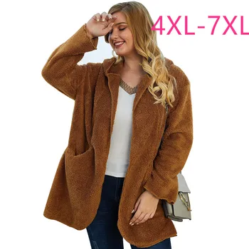 

2020 autumn winter plus size jacket for women hooded large casual loose velvet thick warm wool long coats brown 4XL 5XL 6XL 7XL