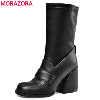 

MORAZORA Big size 35-44 New women boots hoof high heels autumn winter boots zipper stretch mid calf boots women shoes