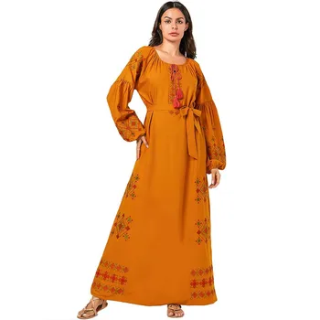 

Comfortable Plus Size Dress Women's Clothes Yellow Geometric Embroidered Long Sleeve Muslim Dress Long Maxi Dresses TA9136