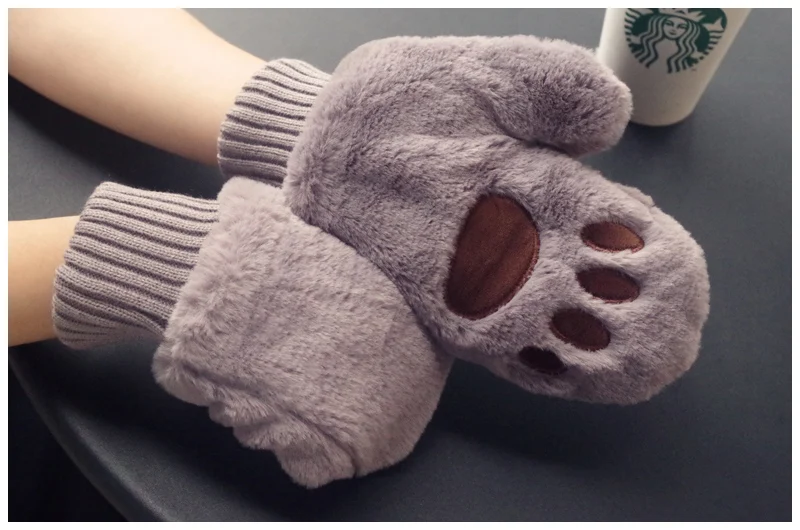 New Winter Gloves Women Mittens Bear Claw Rabbit Velvet Inside Arctic Velvet Thickened Dual-layer Hang on Neck Type Mittens