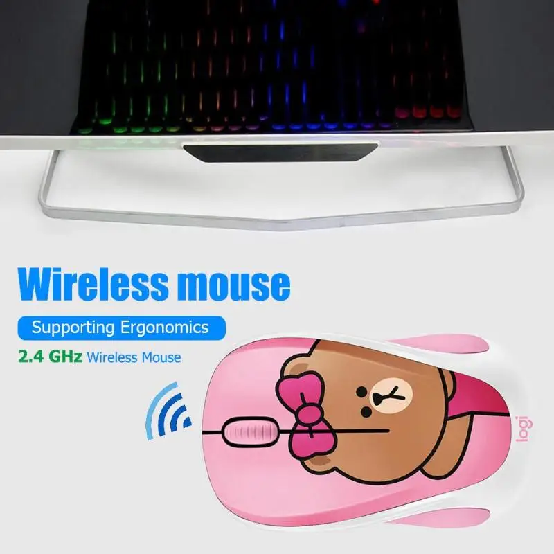 Logitech Милая мультяшная розовая беспроводная мышь USB оптическая компьютерная мини
