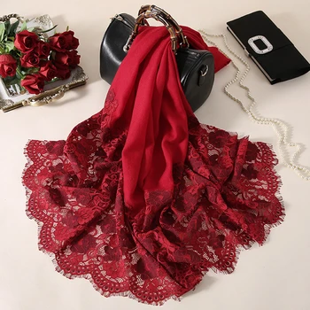 

100% Wool Scarf for Women 2020 Red Warm Shawl Wraps for Lady Pashmina Bride Bridesmaid Shawl Winter Lace Embroidery Wool Scarves