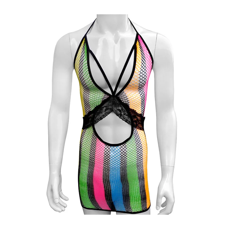 

Sissy Men Sexy lingerie Striped See Through Top Male Cross Dressing Sexy Fetish Hot Shirt Passionate Rainbow Gay Costume