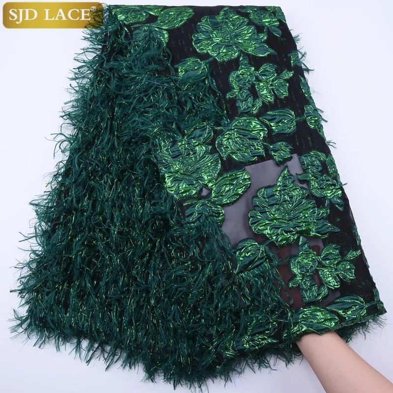 

SJD LACE 2020 Latest Green French Tulle Lace Fabric Fluffy Feather African Lace Fabric Floral Embroidery For Wedding Dress A1789
