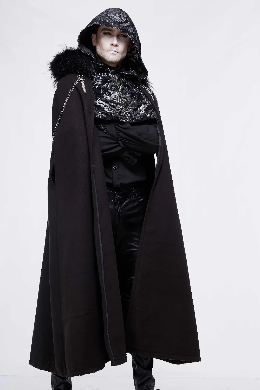 Devil Fashion Mens Gothic Hooded Cloak Cape Coat Red Black Jacquard Damask Steampunk Regency Aristocrat LARP