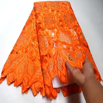 

5 yards Orange Handcut African lace fabric beautiful Nigeria garment sewing Velvet lace fabric with stones DG363