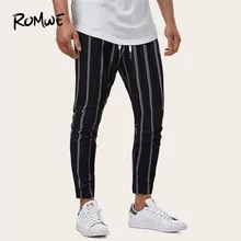 ROMWE, мужские свободные полосатые брюки, брюки, средняя талия, черные брюки, Мужская модная одежда, шнурок на талии, повседневные штаны, осенние брюки