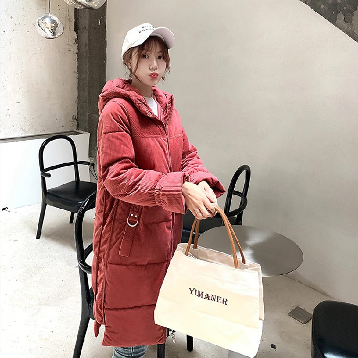 Corduroy New Down Dress Women's Middle And Long Korean Version Loose Hat Bf Bread Dress Cotton-padded Ins Coat