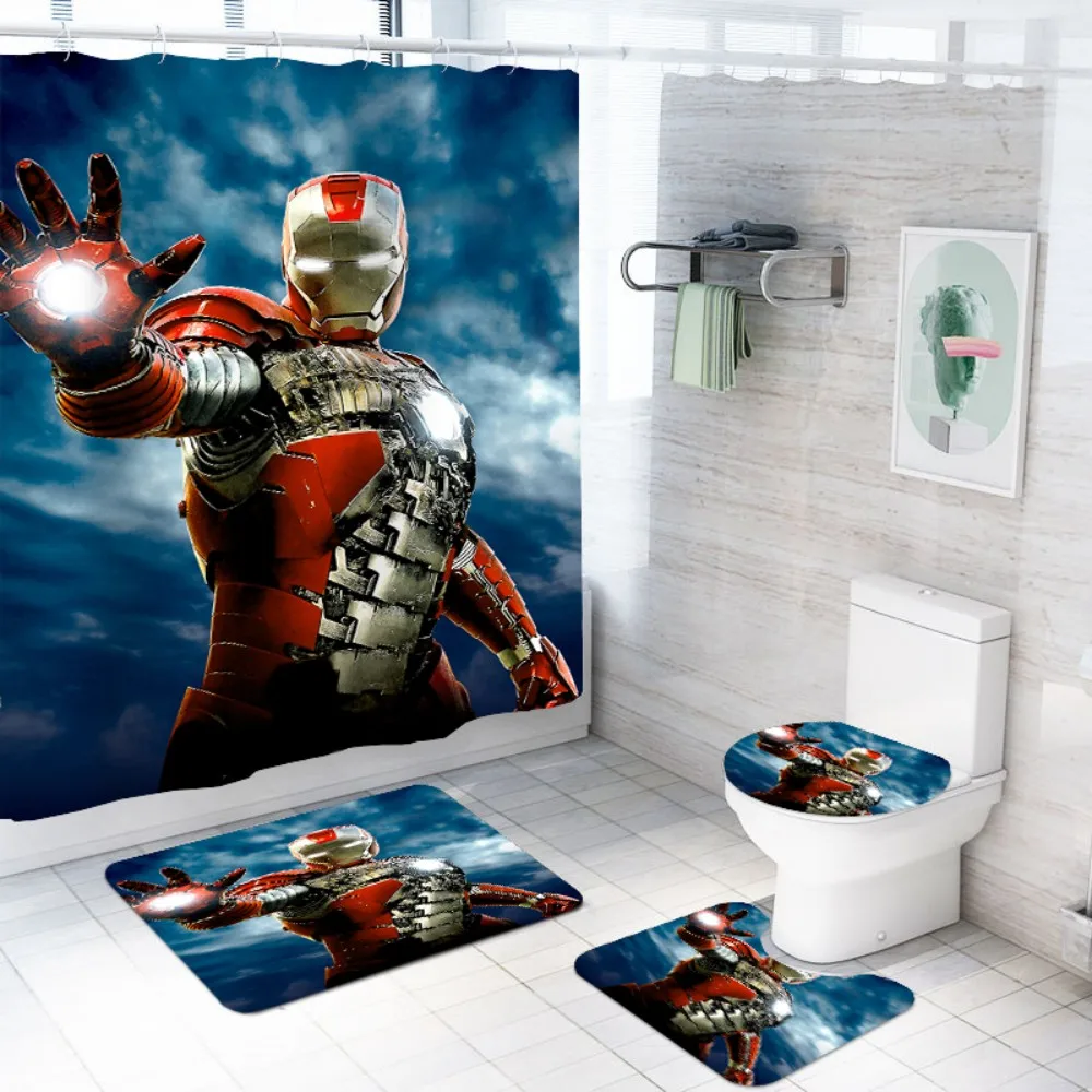

Red Armor Iron Man Shower Curtain 4PCS/Set Waterproof Bath Screen Comic Hero Film Figure Boy Bathroom Decor Mat Set Non-slip Rug