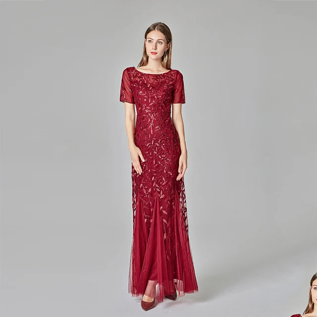 Plus Size Evening Dresses Mermaid O Neck Short Sleeve Lace Appliques Tulle Long Party Gown Robe Soiree Sexy Formal Dress vestido Burgundy