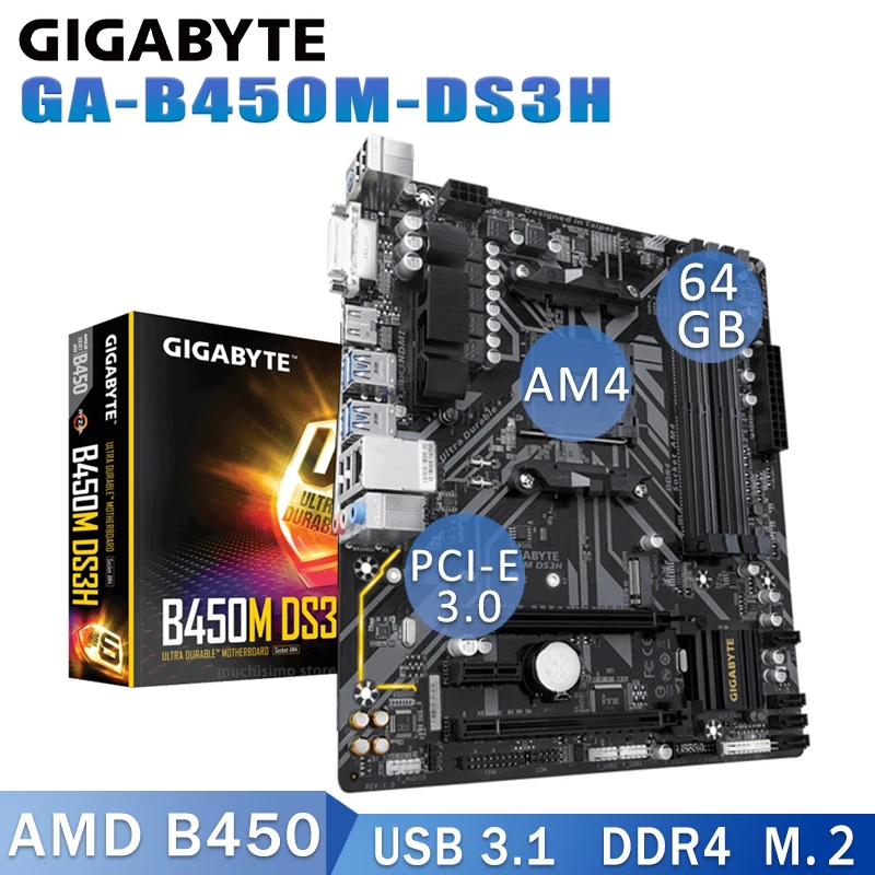Placa base para Gigabyte GA-B450M-DS3H, Original, nueva, AMD Socket DDR4, USB3.0, Placa base B450