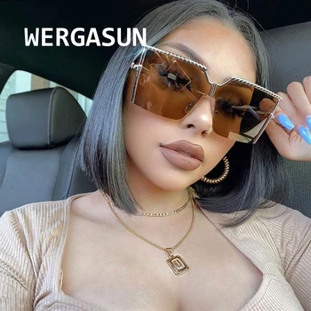 

WERGASUN 2020 New Fashion Oversized Square Rimless Sunglasses Women Brand Designer Big Sun Glasses Travel Gradient UV400
