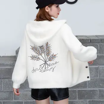 

Women 2020 Autumn Winter Imitation Water Velvet Sweater Coat Female Hooded Loose Casual Mink Knit Cardigans Beaded Outwear G514