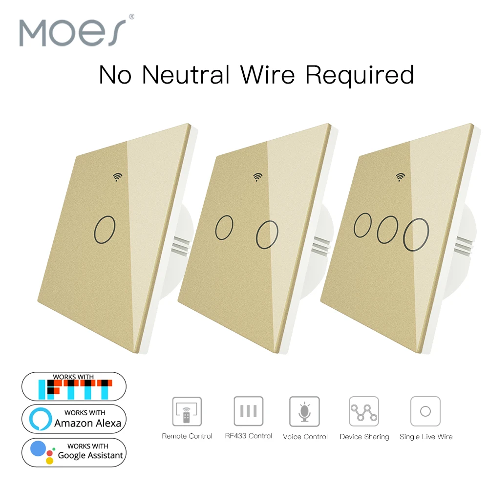 Interruptor de Parede Inteligente sem Fio Fogo com Alexa Ouro Wifi Neutro Necessário Vida Tuya Controle Remoto Único Trabalho Rf433 Mod. 179292
