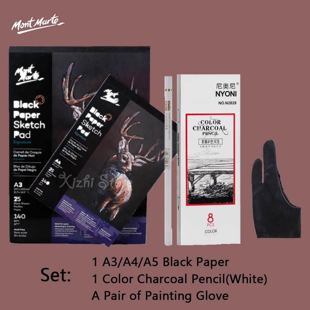 Mont Marte Black Paper Sketch Pad Set A3/A4/A5 Acid Free 25 Sheets  Sketchbook with Sketch Color Charcoal and Two Fingered Gloves - AliExpress